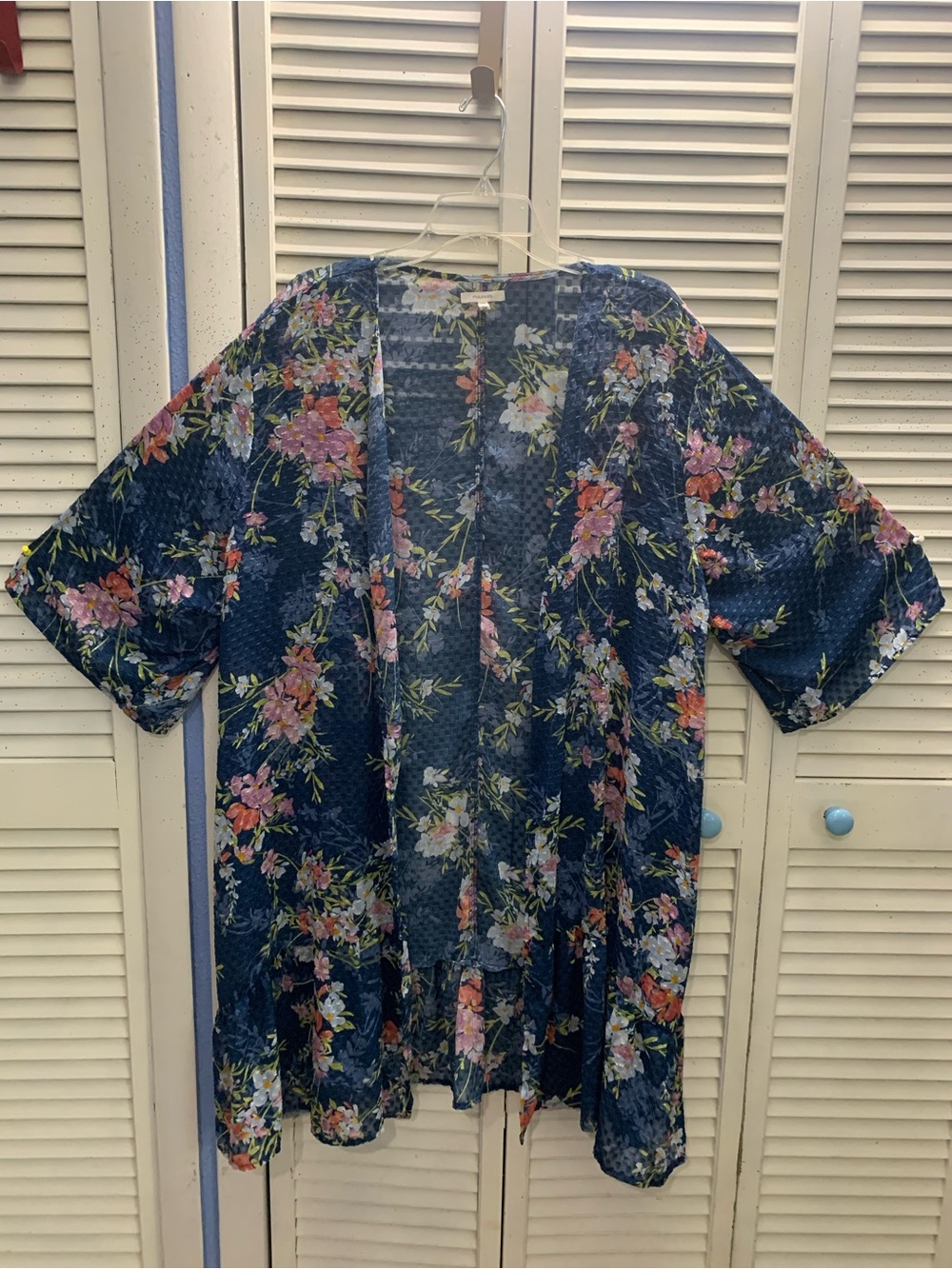 Maurices Blue Floral Textured Sheer Long Kimono Cardigan With Tiered Ruffle Hem - Picture 3 of 8